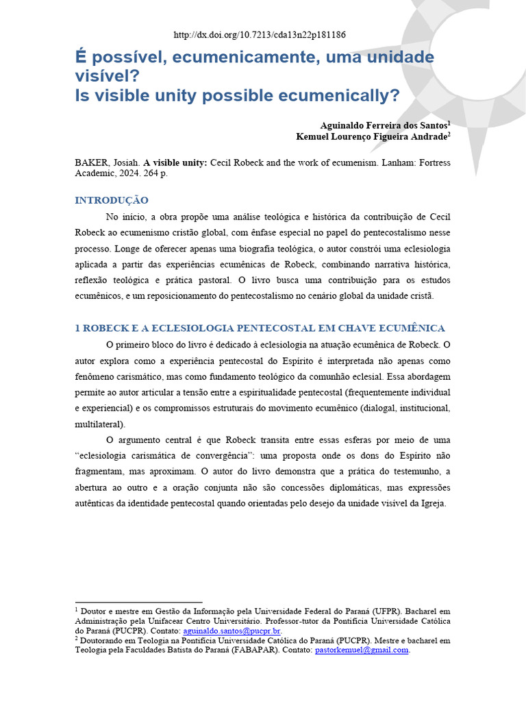 Unidade Visível no Ecumenismo Pentecostal | PDF | Pentecostalismo ...