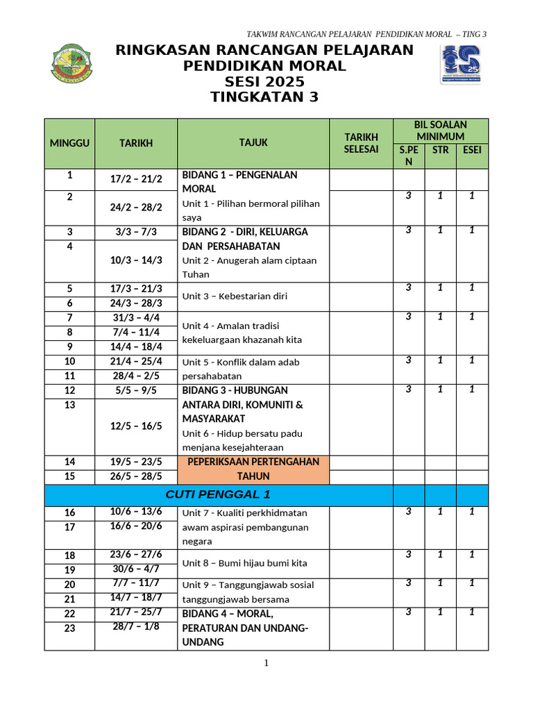 RRPT Pendidikan Moral Ting 3 2025 | PDF