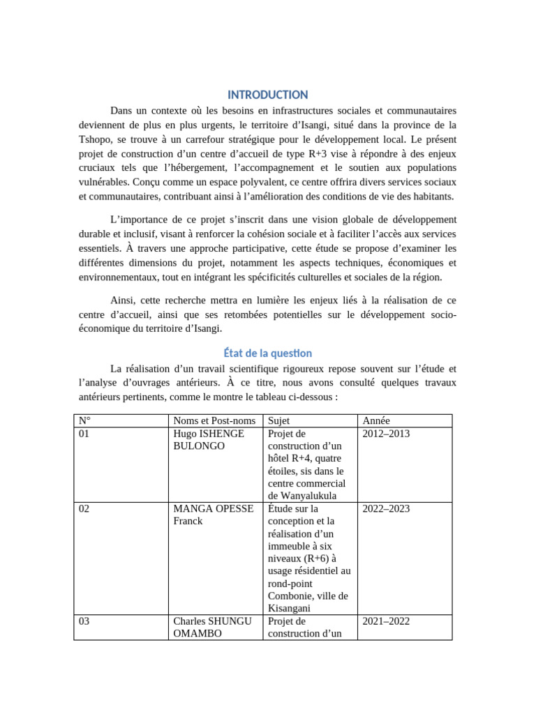 Projet de centre d'accueil à Isangi | PDF