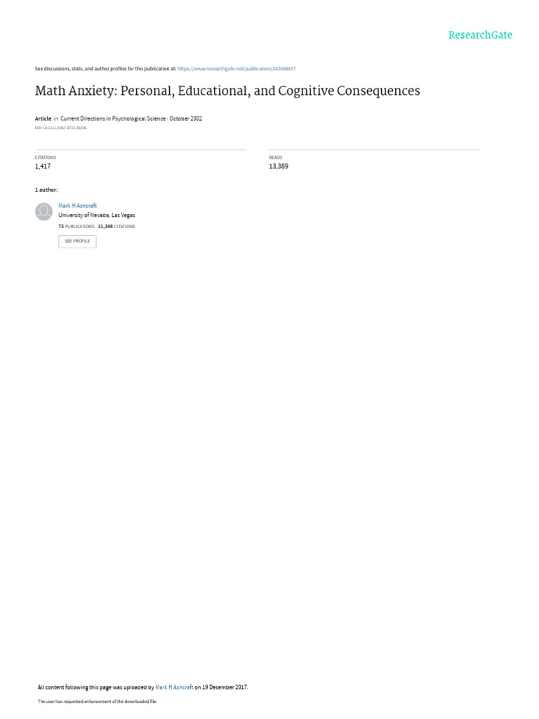Math Anxiety Personal Educational and Cognitive Co | PDF | Anxiety ...