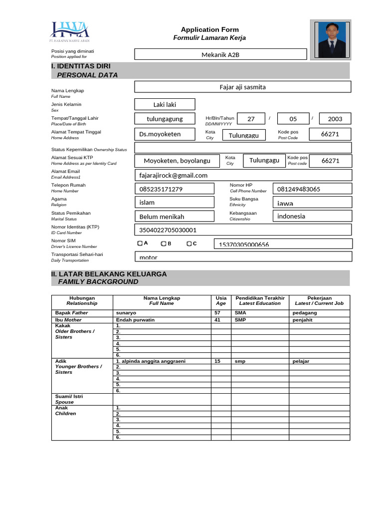 Application Form PT. HWA | PDF