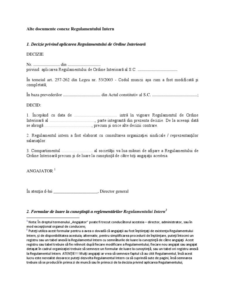 Tabel Regulamentului Intern | PDF