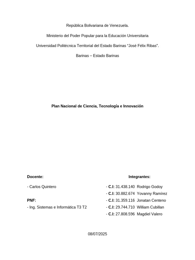 Plan Nacional de Ciencia y Tecnología en Venezuela | PDF | Venezuela