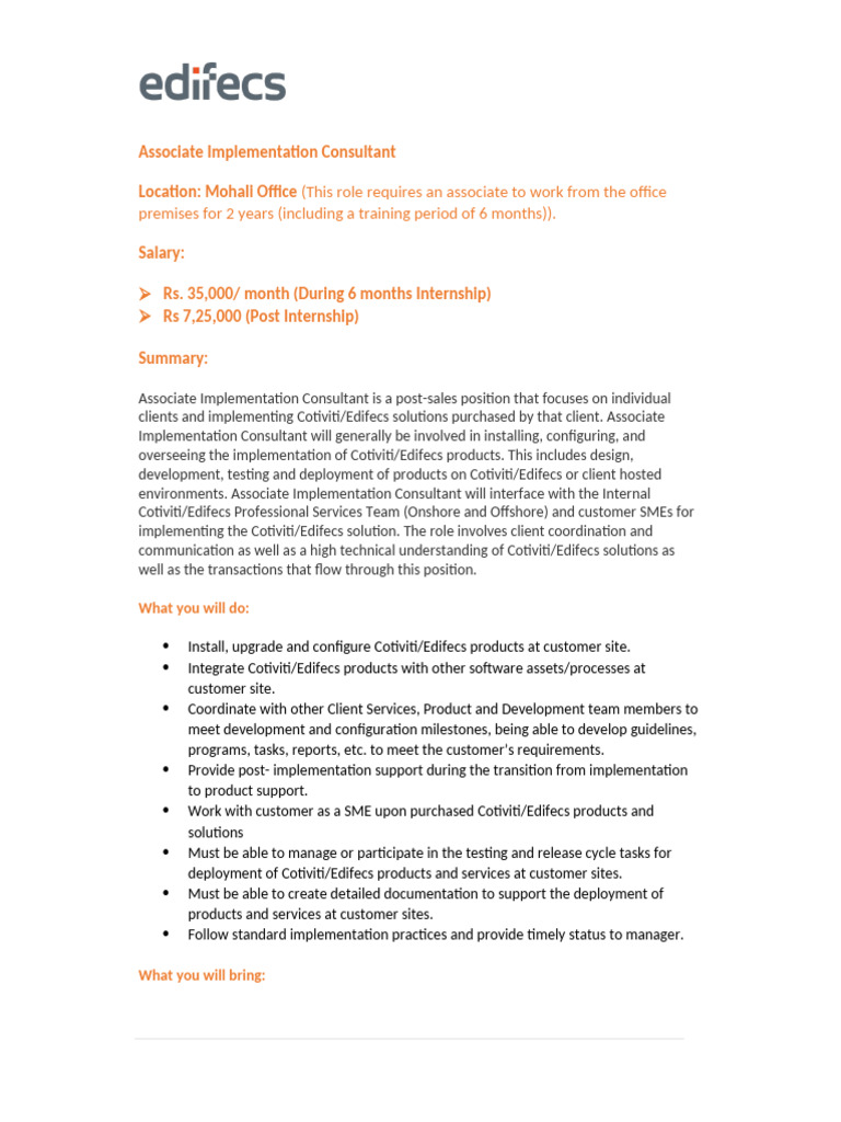 Associate Implementation Consultant Pdf Intelligence Health Care