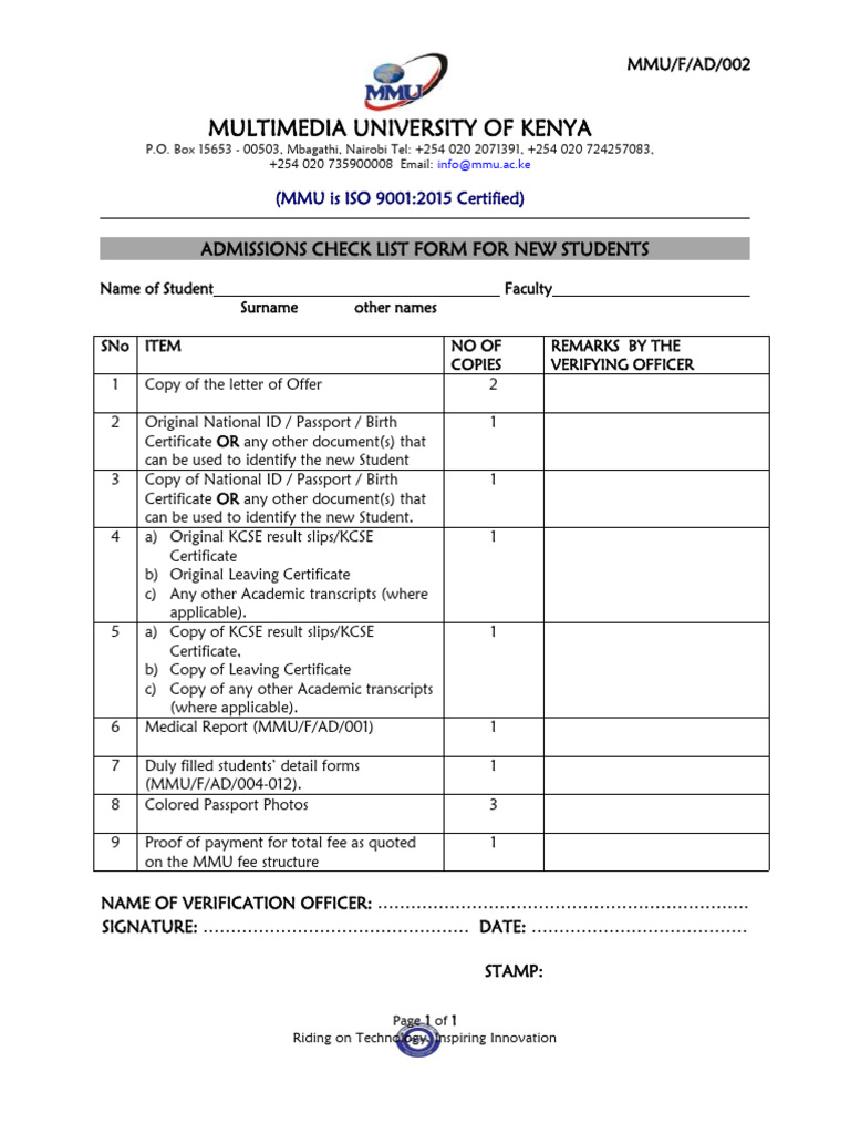 New Student Admission Checklist | PDF