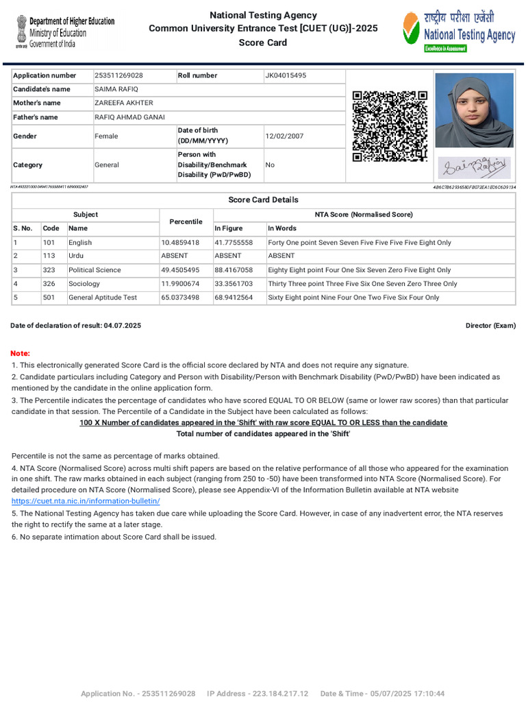 CUET (UG) 2025 Score Card for Saima Rafiq | PDF | Student Assessment ...