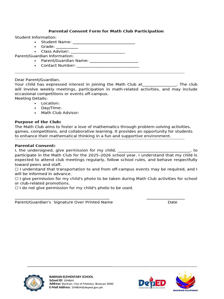 Math Club Parental consent new | PDF