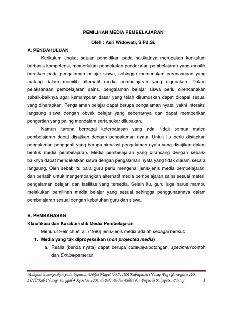 Pemilihan Media Pembelajaran Oleh Asri Widowati S Pd Si A