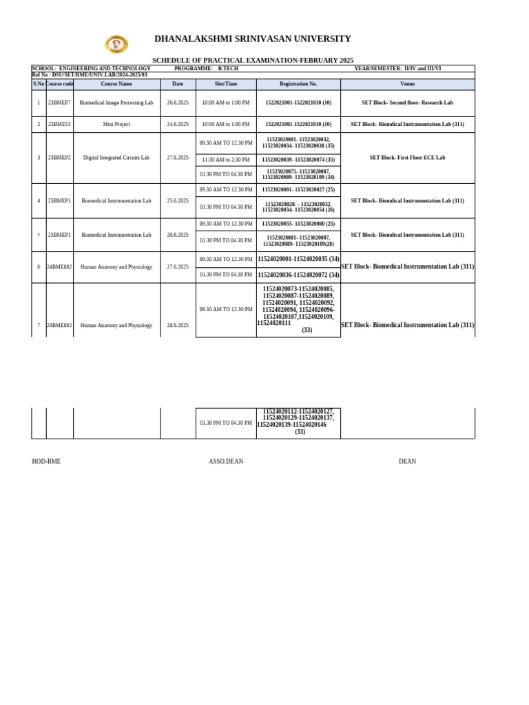 B.Tech Practical Exam Schedule 2025 | PDF | Biomedical Engineering ...