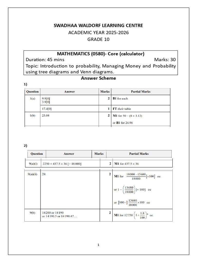 10th Grade-July - Math Scheme - Core (Calculator) | PDF
