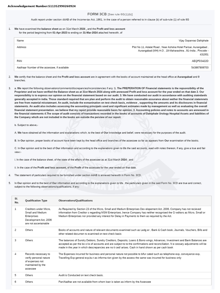 Form 3CB/3CD Audit Report 2024 | PDF | Payments | Audit