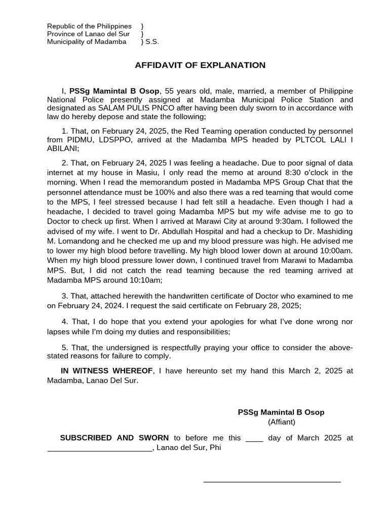 Affidavit of Explanation by PSSg Osop | PDF