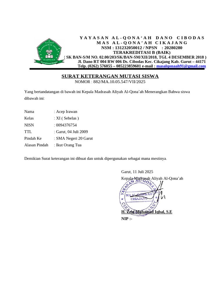 Surat Mutasi Siswa Al-Qona'ah | PDF