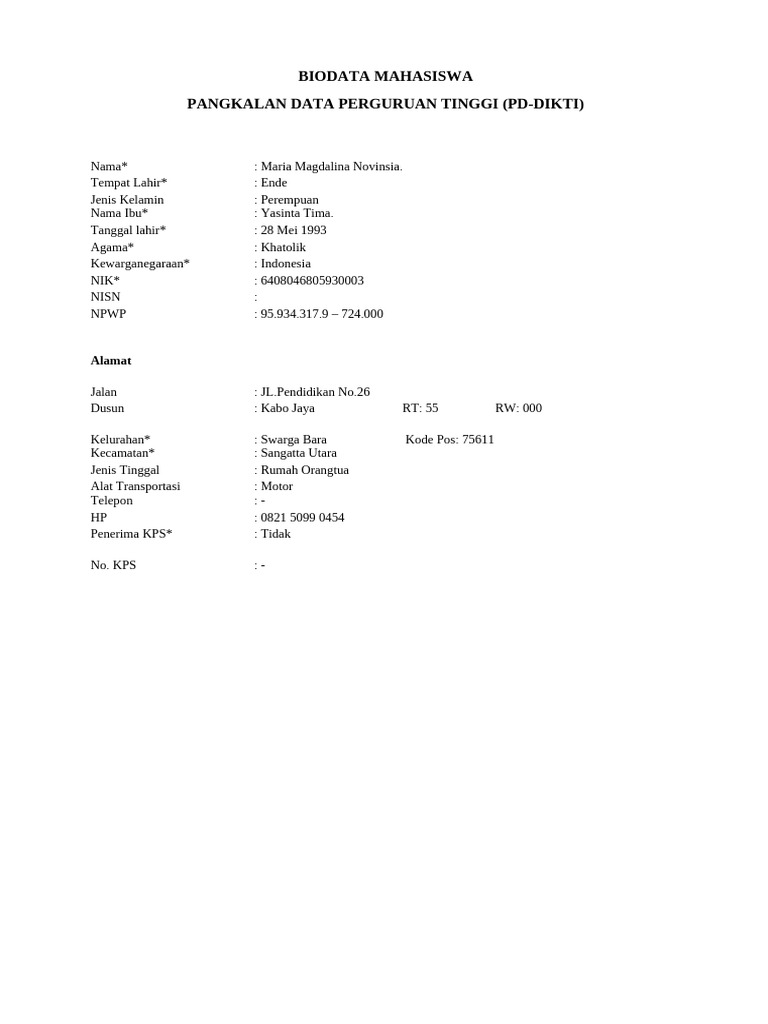 Form Biodata Lapor Diri PDPT PD Dikti 1 (Autorecovered) | PDF