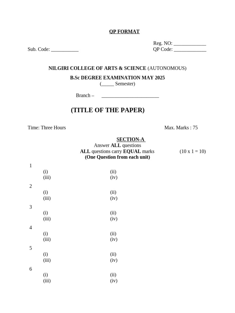 B.Sc Exam Question Paper Format 2025 | PDF