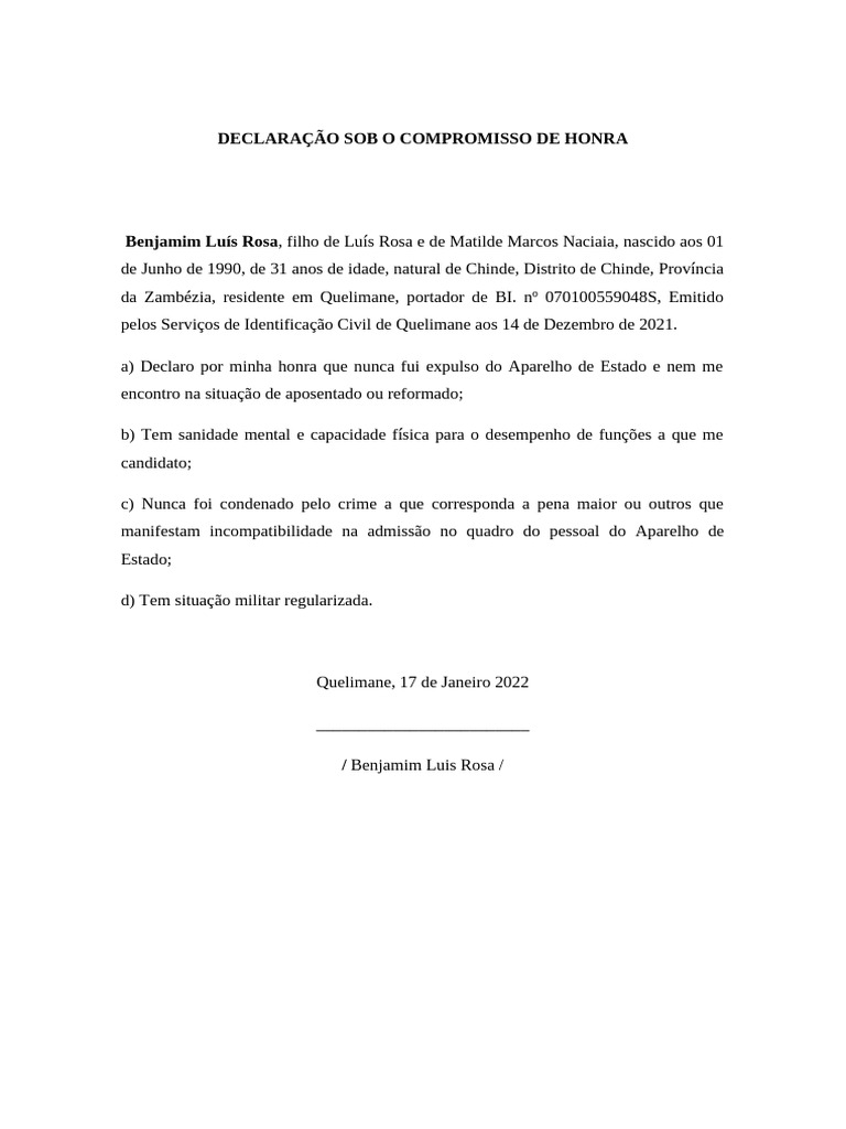 Declaração Sob o Compromisso de Honra | PDF