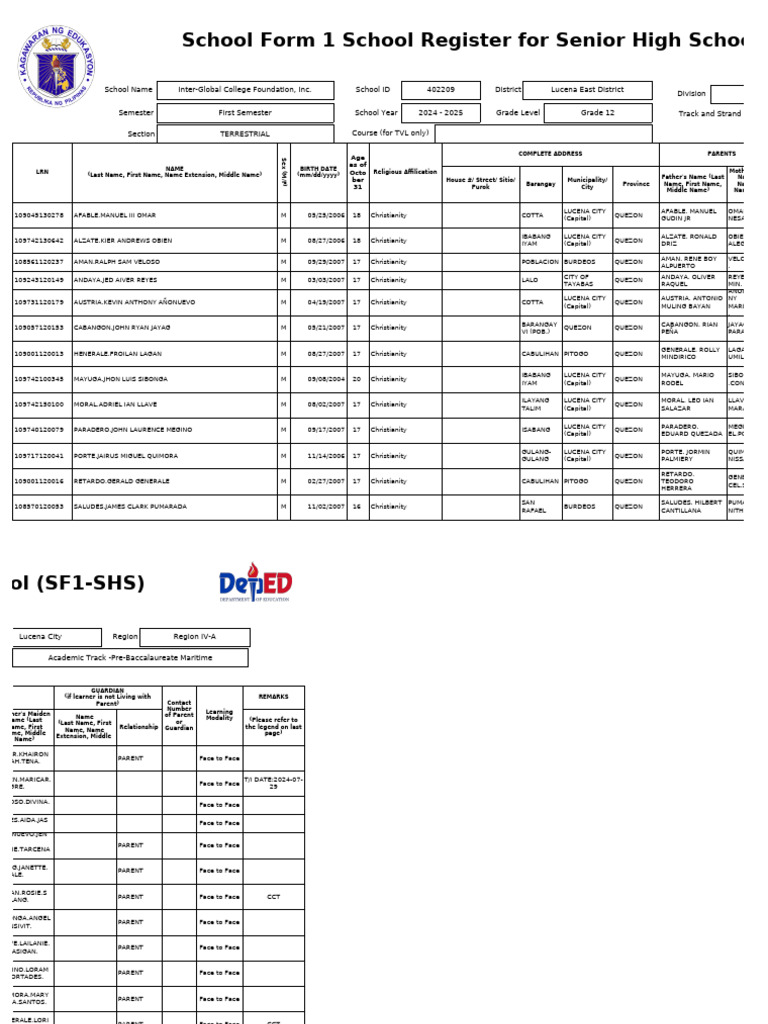School Form 1 (SF 1) Terestrial | PDF