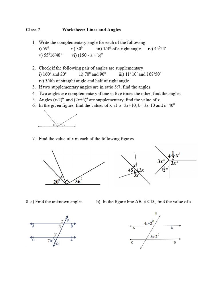 Class 7 Worksheet: Lines and Angles | PDF