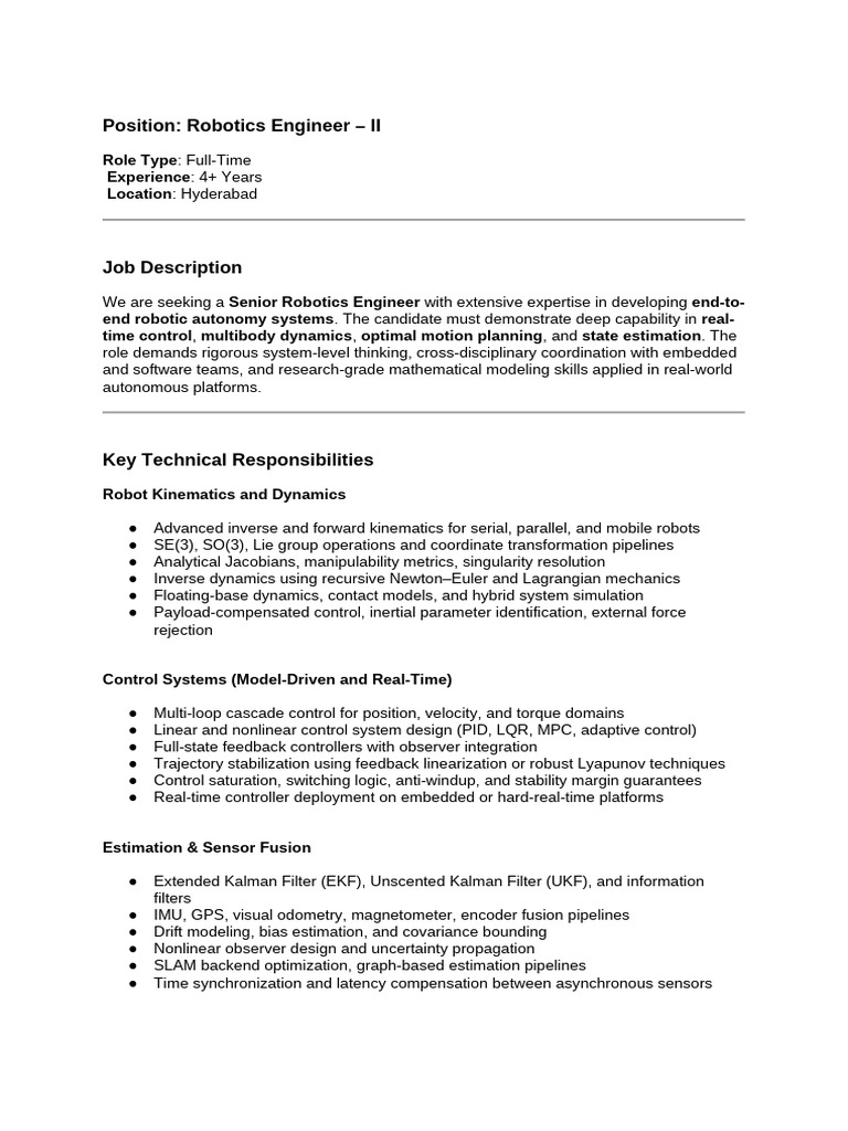 Senior Robotics Engineer Position in Hyderabad | PDF | Kalman Filter ...