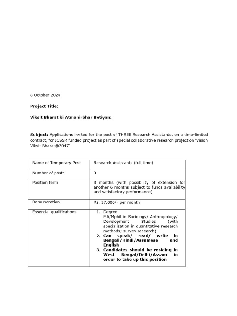 Research Assistants Needed for ICSSR Project | PDF | Inquiry | Methodology