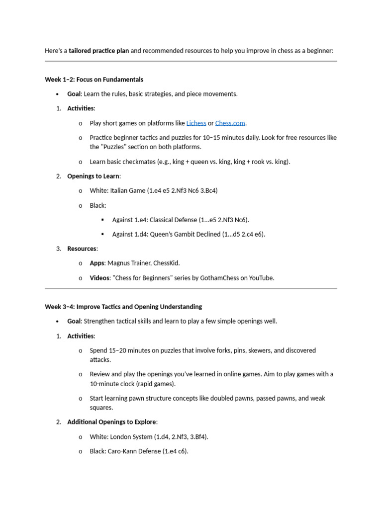 Beginner's Practice Plan | PDF | Chess Openings | Chess Theory