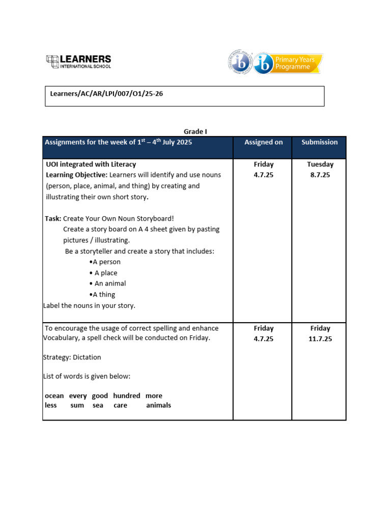 4th July 2025 - Grade I - Learning Plan & Home Assignment 2 | PDF