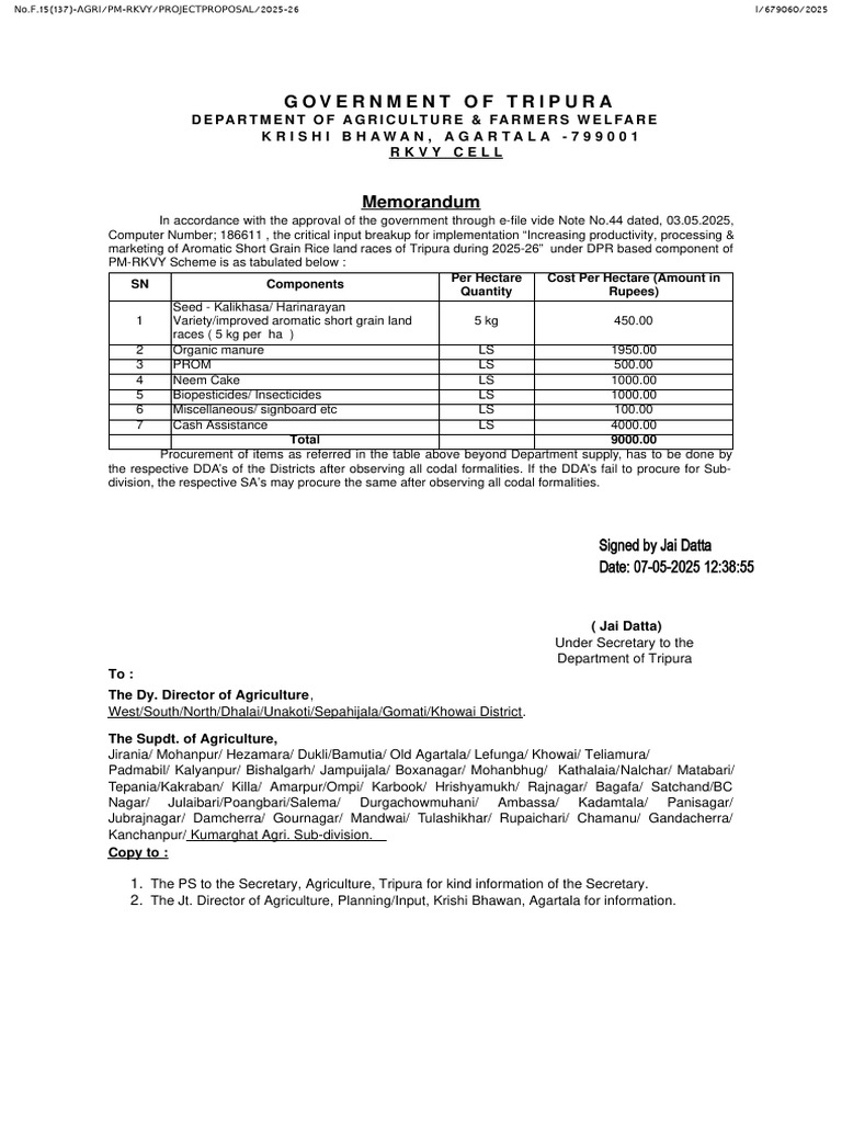 Tripura PM-RKVY Rice Project Memorandum | PDF | Agriculture | Agronomy