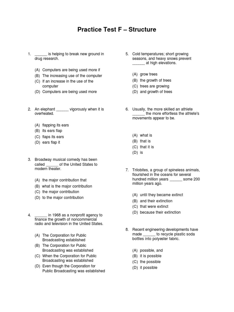 Practice Test F: Sentence Structure Quiz | PDF