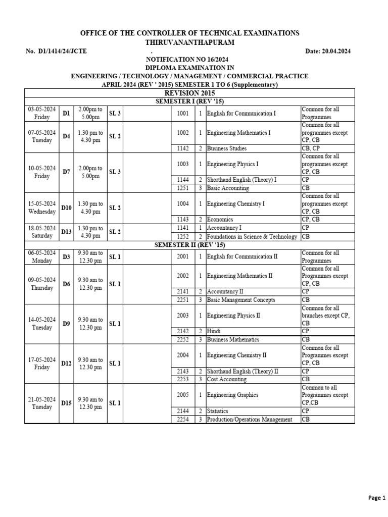 April 2024 Diploma Exam Schedule | PDF | Engineering