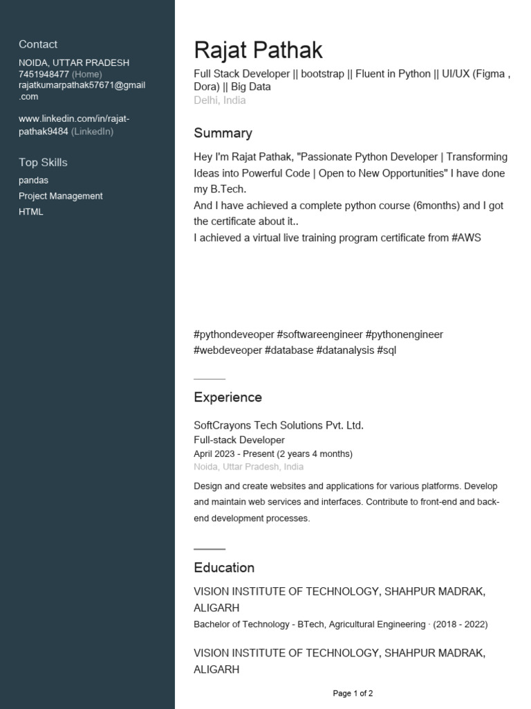 Rajat Pathak: Full Stack Developer Profile | PDF