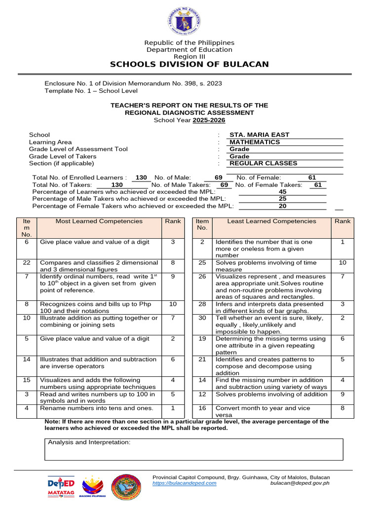 PARADA ES RDA MATHEMATICS 2025 2026 Consolidation Blank | PDF | Subtraction