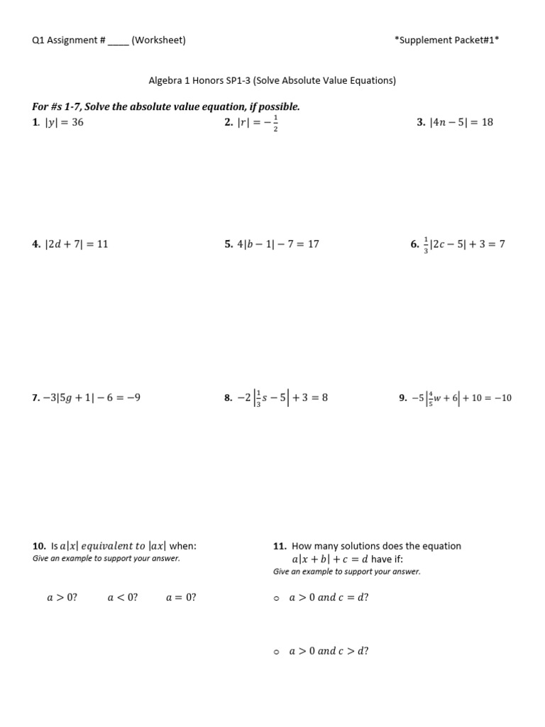 Absolute Value Equations Worksheet | PDF