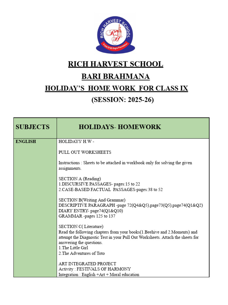 Class IX Holiday Homework 2025-26 | PDF | Acceleration | Force