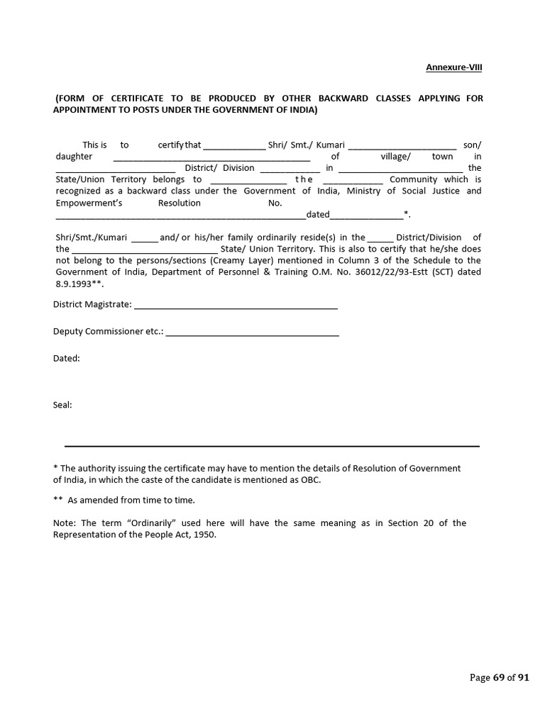 OBC NCL Certificate Format for SSC | PDF