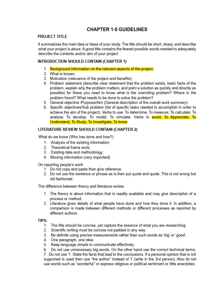 Project Guidelines: Chapters 1-5 Overview | PDF | Methodology | Theory