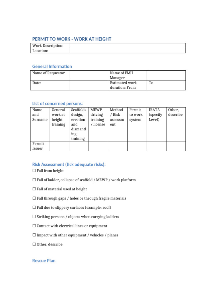 Work at Height Permit Template | PDF | Personal Protective Equipment ...