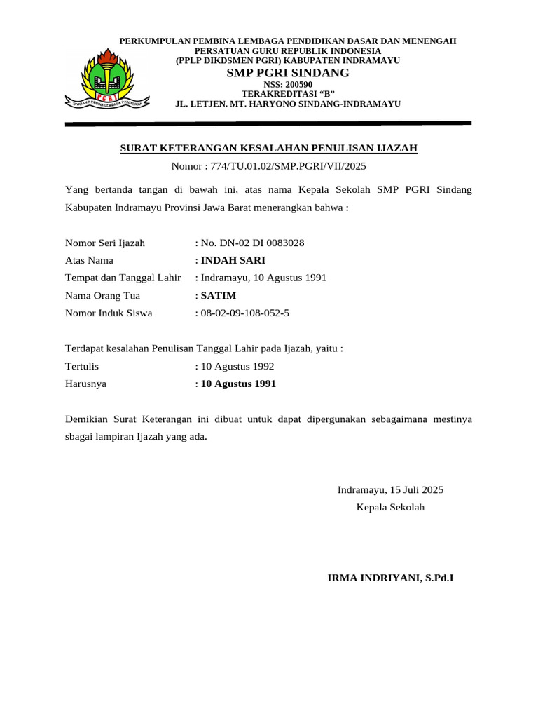 Surat Keterangan Kesalahan Ijazah | PDF