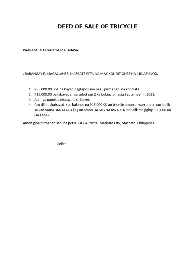Deed of Sale of Tricycle | PDF