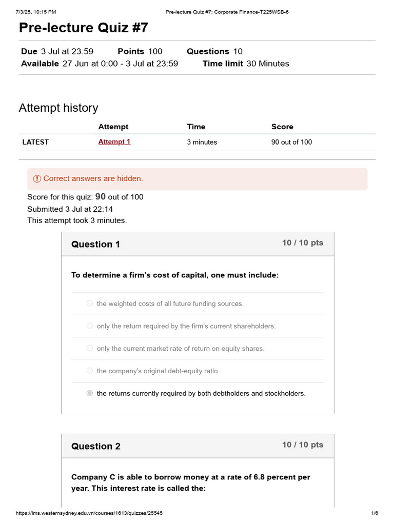 Pre-Lecture Quiz on Cost of Capital | PDF | Cost Of Capital | Yield ...