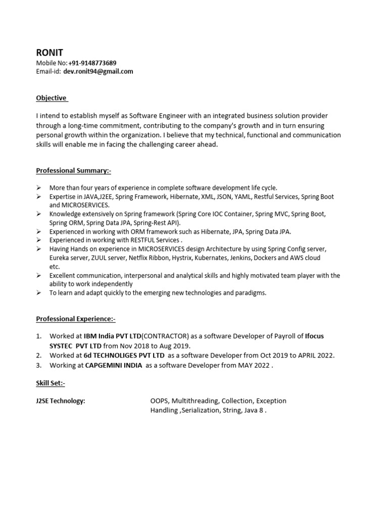 Software Engineer Resume - Ronit | PDF | Spring Framework | Eclipse ...