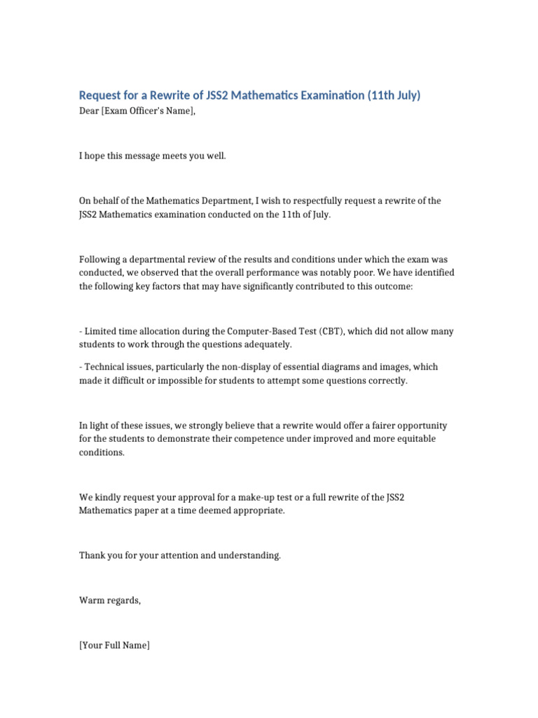 Request for JSS2 Math Exam Rewrite | PDF
