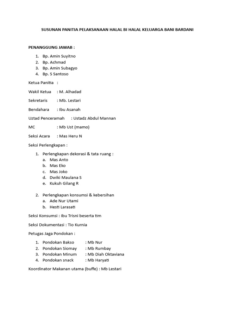Susunan Panitia Pelaksanaan Halal Bi Halal Keluarga Bani Bardani Pdf