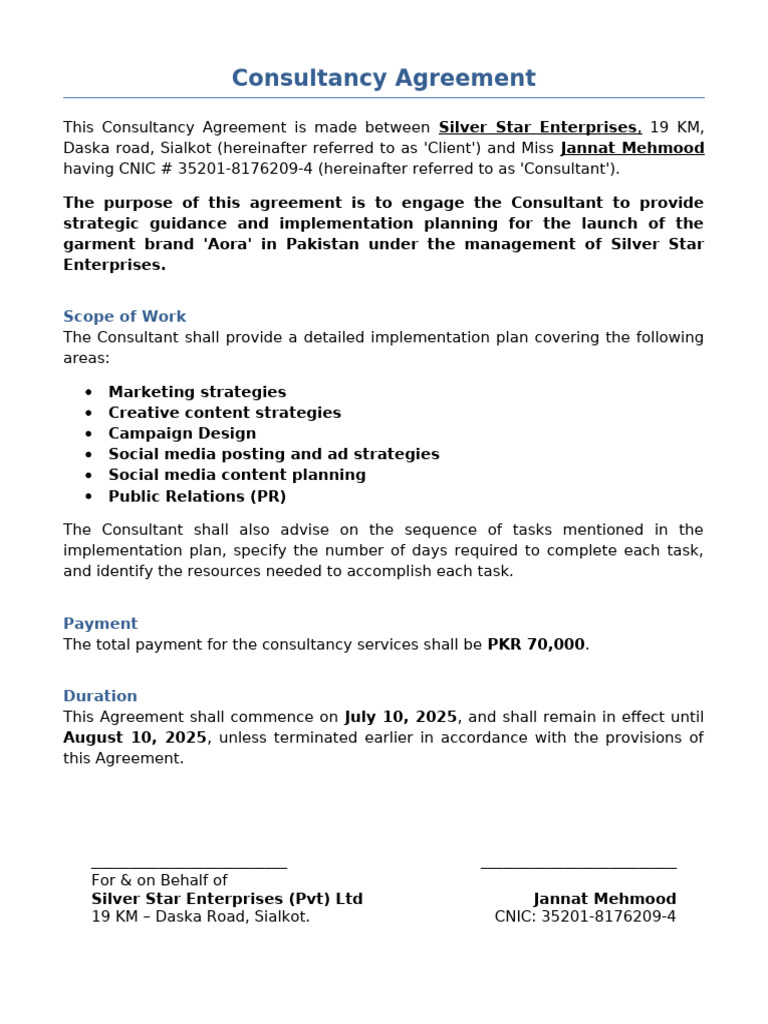 Draft - Consultancy Agreement - Miss Jannat | PDF