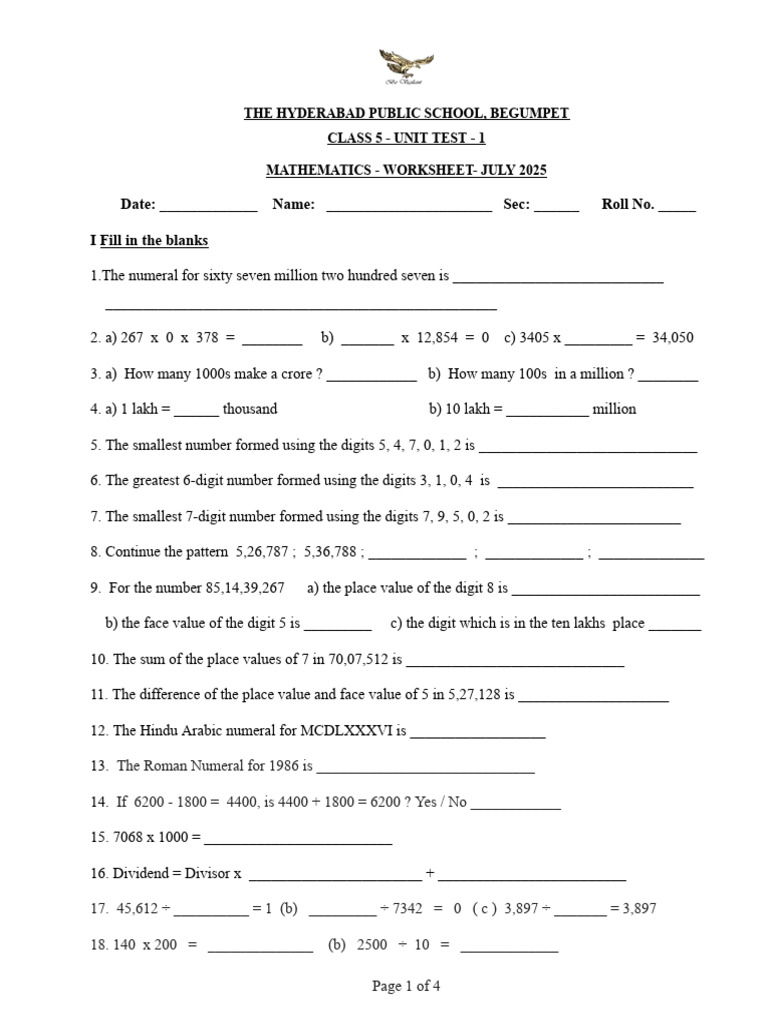 Grade 5 Math Worksheet - Unit Test 1 | PDF | Mathematics | Chess Openings