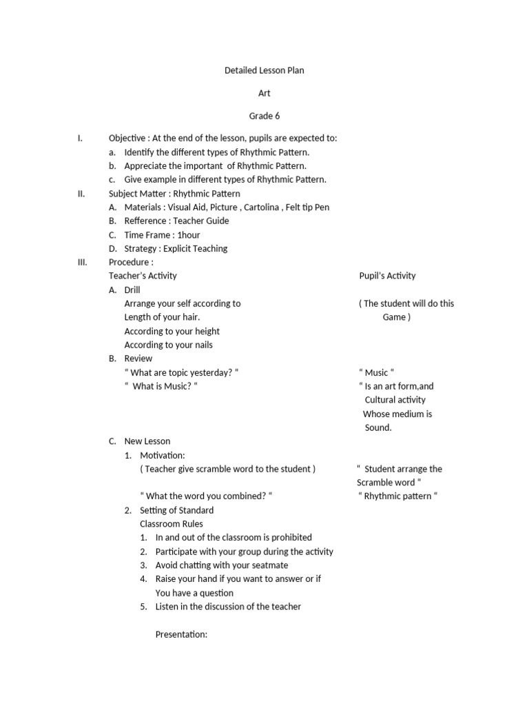 Grade 6 Art Lesson on Rhythmic Patterns | PDF | Lesson Plan | Teachers