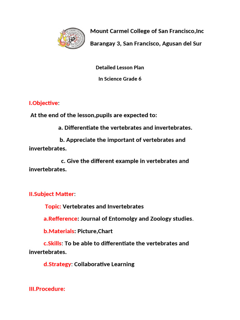 Detailed Lesson Plan in Grade 6 | PDF | Invertebrate | Vertebrates