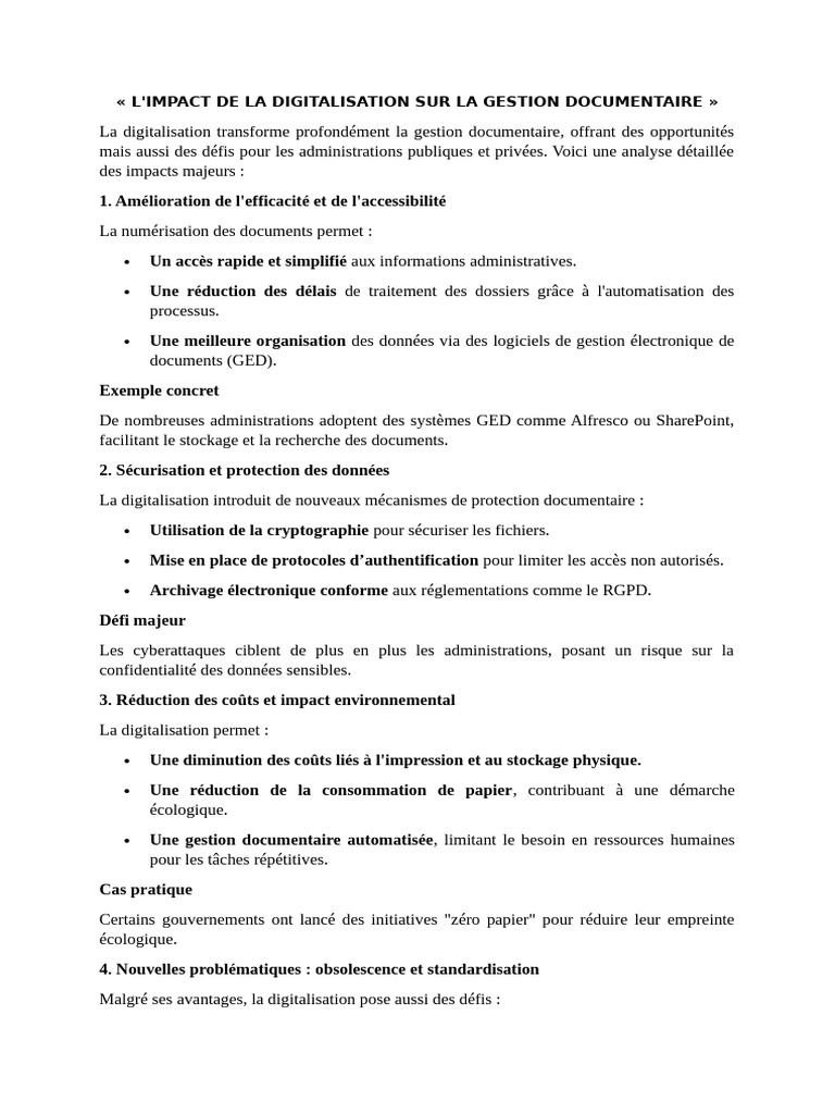 Impact de la Digitalisation Documentaire | PDF | La gestion des ...