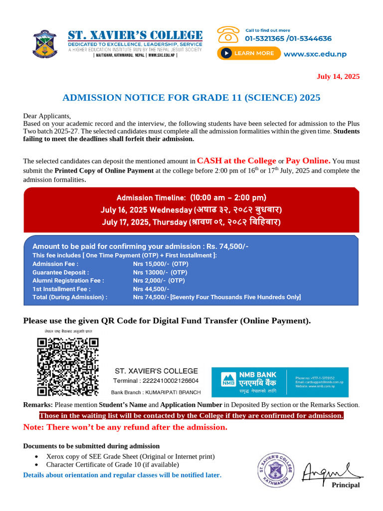 Admission Notice For Grade 11 (Science) 2025: CASH at The College Pay ...