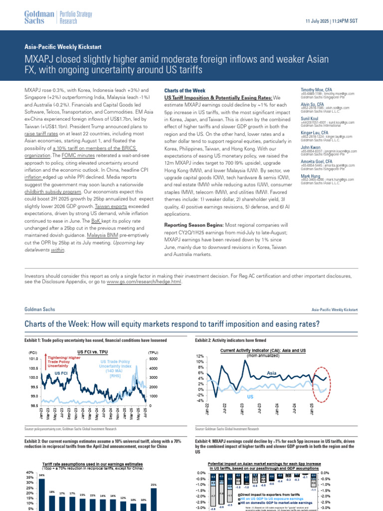 GS-Asia Pacific Weekly Kickstart-20250711 | PDF | Tariff | Bric