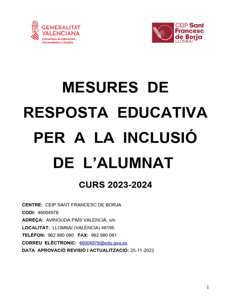 Mesures de Resposta Educativa Per A La Inclusio de Lalumnat 2023 | PDF